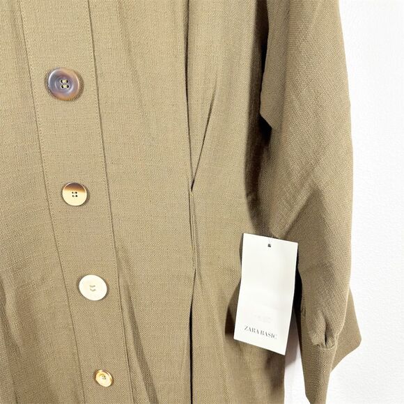 ZARA Khaki Pleated Dress with Buttons Size M‎ Green Long Sleeve Tunic Length NWT - Picture 10 of 15